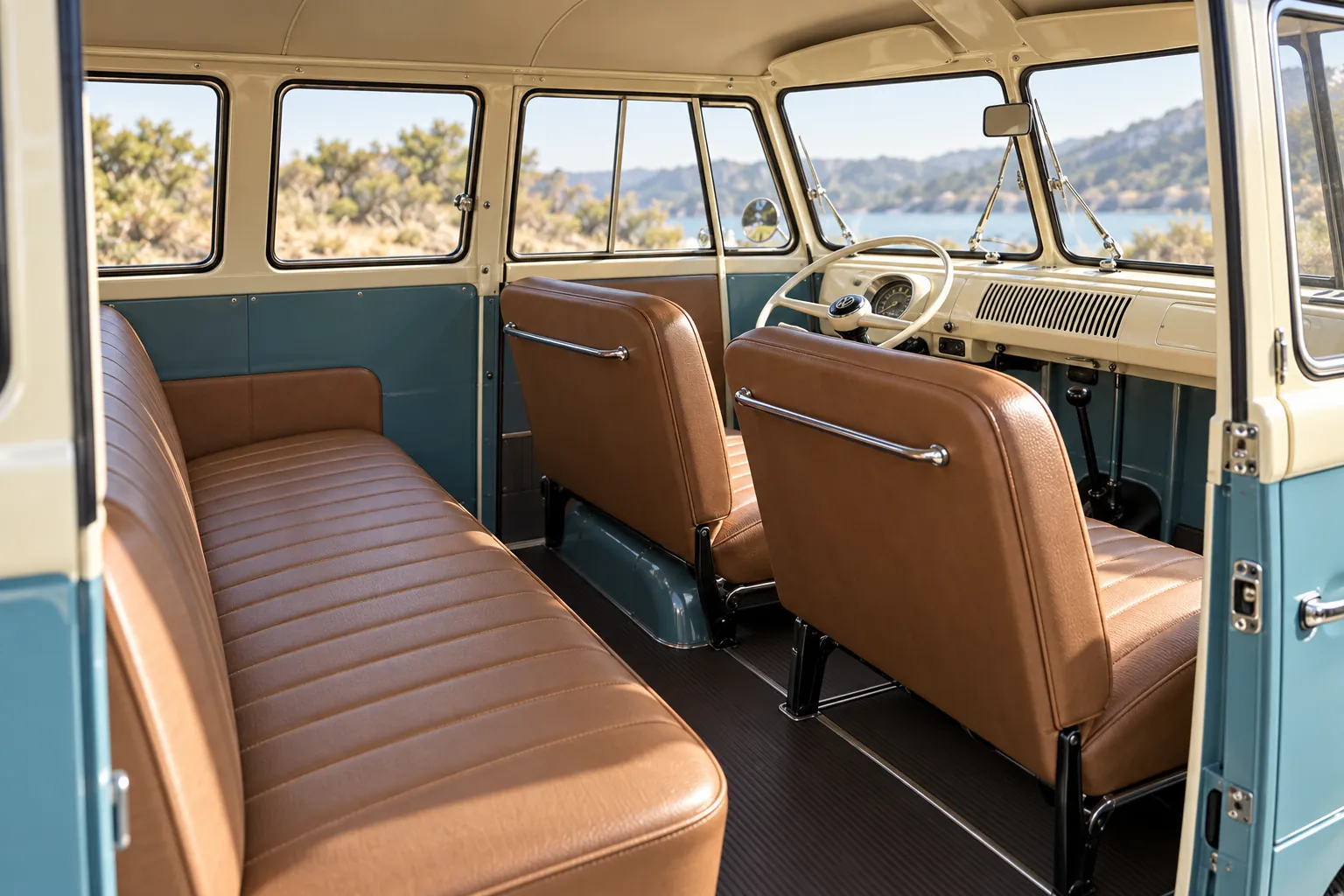 The tan passenger interior of the Neptune Blue split-window VW Bus