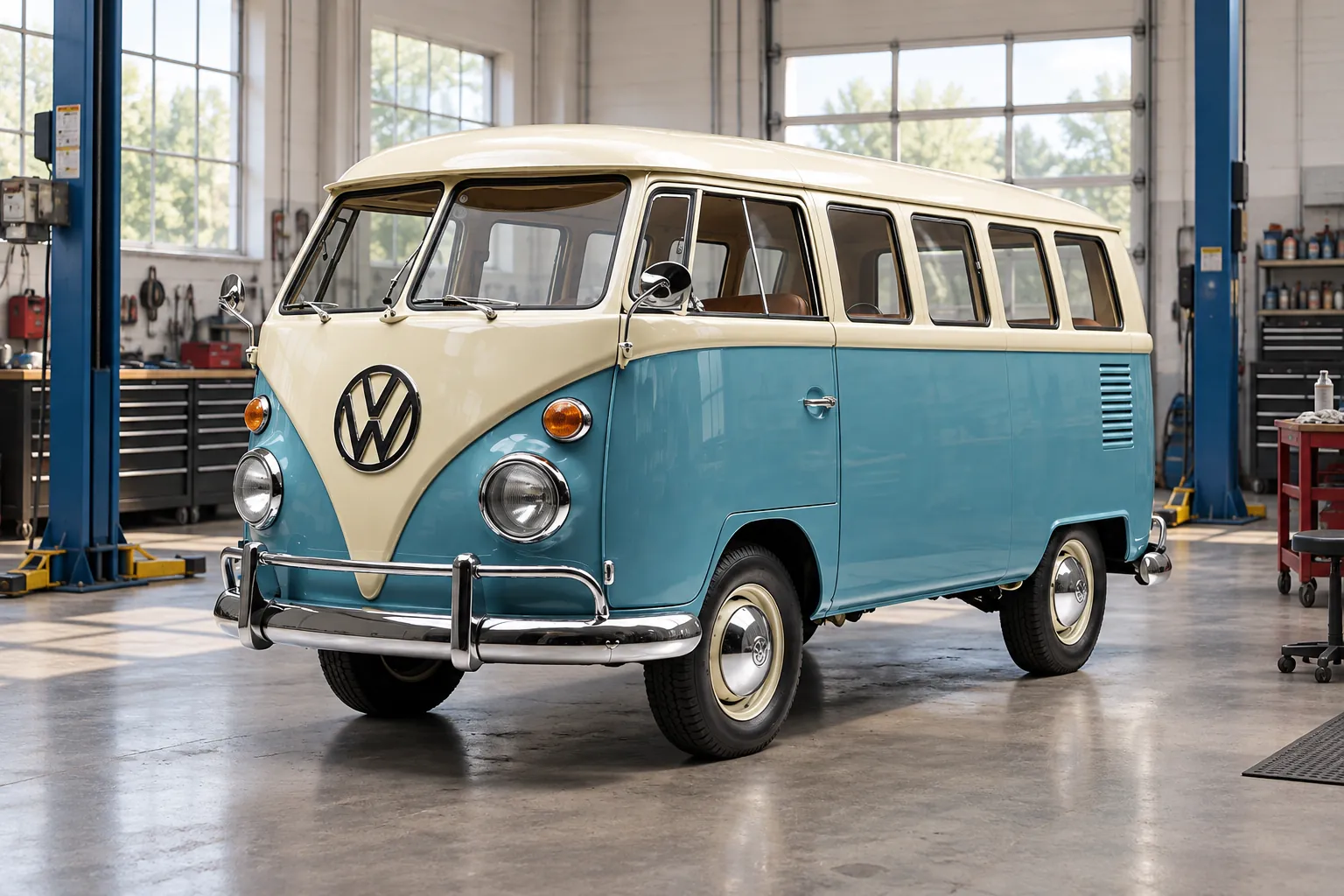 The Neptune Blue split-window VW Bus in a restoration workshop