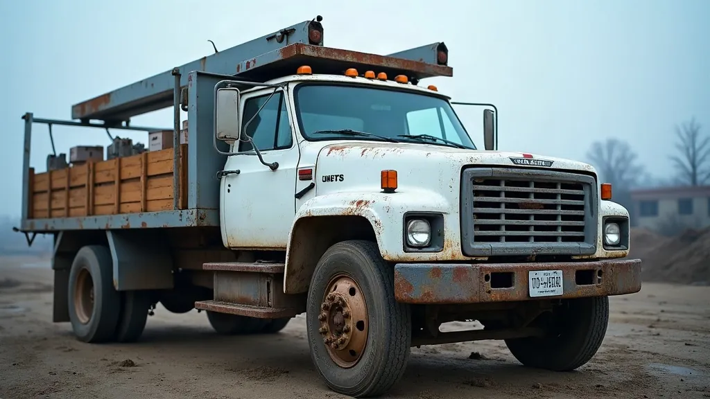 A work pickup truck at a construction site at dawn