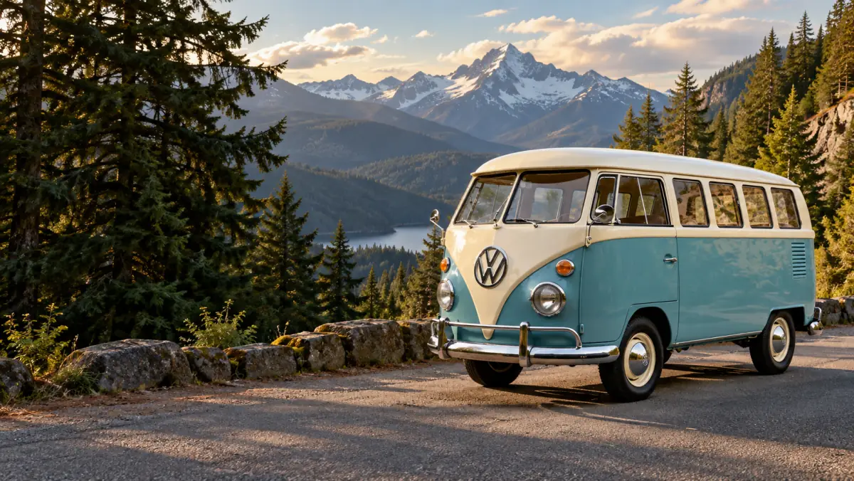 A Neptune Blue and cream split-window VW Bus at a mountain overlook